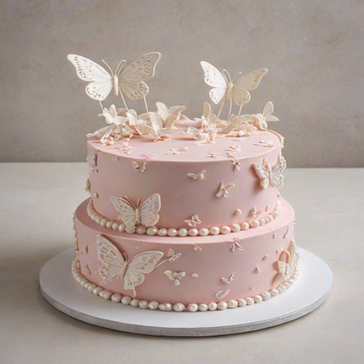 Create an image of a beautifully decorated cake with two layers. The top layer should be a soft pink color with a smooth finish, adorned with delicate white butterflies and small edible pearls. The bottom layer should be white with a textured design. The cake should be placed on a simple round white cake board, set against a light, neutral background.