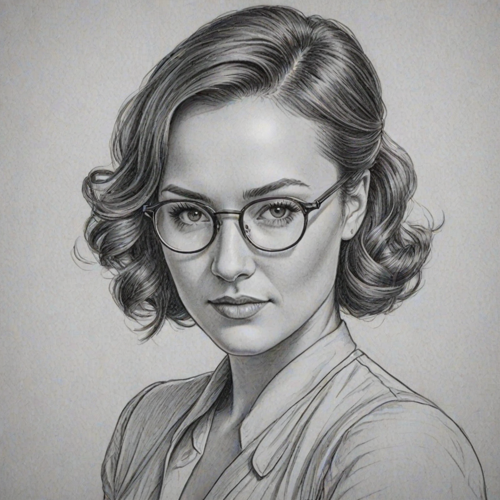 Elegant Briana Evigan, pencil sketch, portrait of Elegant woman 1940s in glasses, hair style beatnik, outline, clear lines, fine lines, 8k