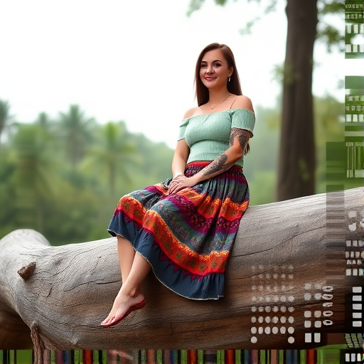 Generate an image of a woman sitting on a large log, wearing a light green off-the-shoulder top and a multi-colored skirt, with tattoos on her arms, in a soft, natural light setting, using a Canon EOS R5, 85mm f/1.2 lens, shoot at ISO 100, aperture f/2.8, at a 45-degree angle view for depth and detail.