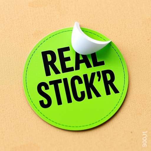 Create a high-resolution image of a circular green sticker with a peeled corner, featuring bold black text that says REAL STICK'R, using a DSLR camera with a 50mm lens, aperture set to f/2.8, ISO 100, taken from a slightly elevated angle to provide depth and clarity.