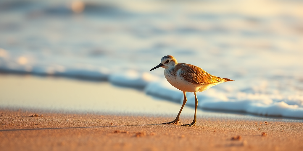 Capture a close-up of a shorebird standing alone on a sandy beach with gentle waves and foam in the background, using a Nikon D850 camera with a 200mm lens, aperture set to f/4, ISO 200, and a shutter speed of 1/1000 seconds, in soft natural light during the golden hour for enhanced clarity and detail.