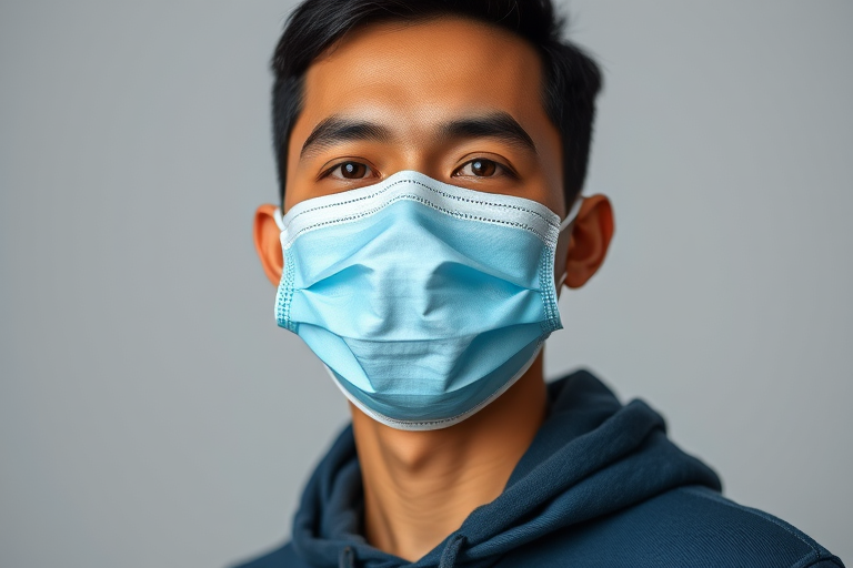 Create a vector image of a person wearing a light blue mask with a neutral background, using a Canon EOS R5, 50mm lens, f/2.8 aperture, ISO 100, in portrait mode for sharp focus and muted colors.