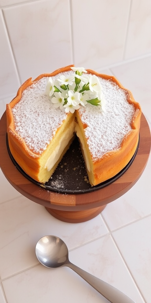 A beautifully presented cream-filled pastry cake on a wooden cake stand with a silver serving spoon beside it. The cake has a golden-brown flaky crust, dusted with powdered sugar, and a creamy filling visible in the sliced portion. Delicate white flowers are arranged on top for decoration, set against a light-colored tiled background.