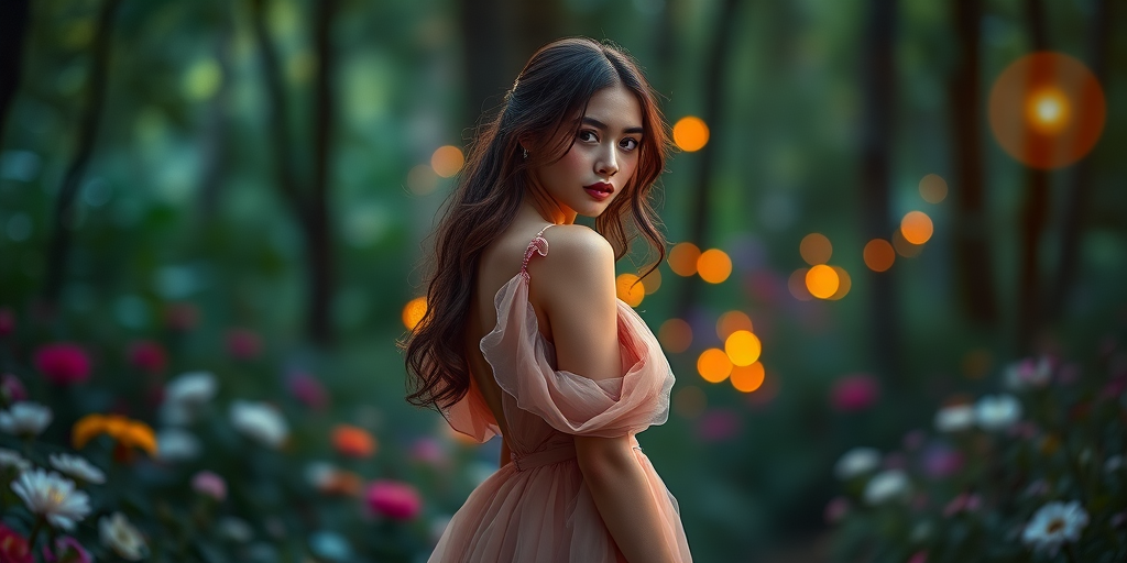 Create a ethereal portrait of a woman in a flowing gown standing in a vibrant forest, soft bokeh background with flowers and glowing lights, use a Canon EOS R5 with a 50mm lens, aperture f/1.8, shutter speed 1/200s, ISO 100, natural light to enhance colors and details.