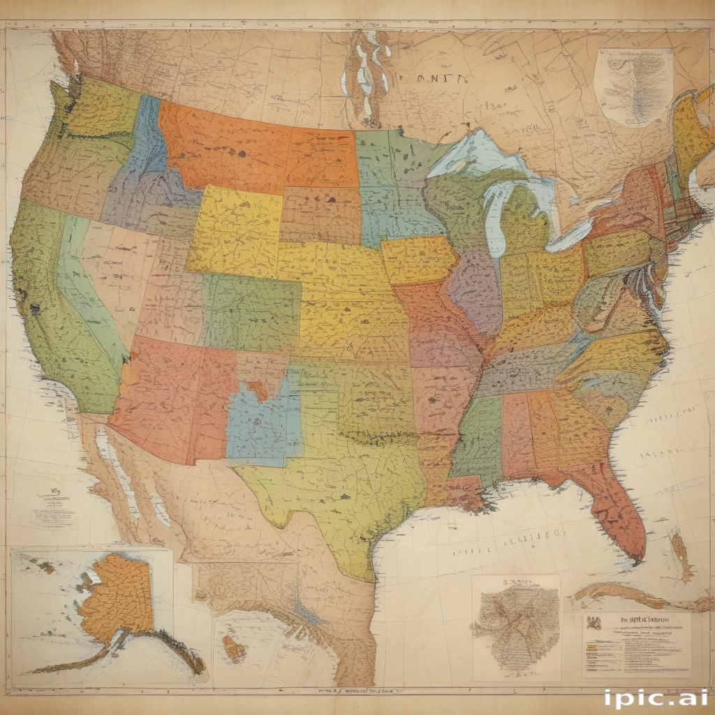 Detailed Historical Map of the United States with Colorful State Boundaries