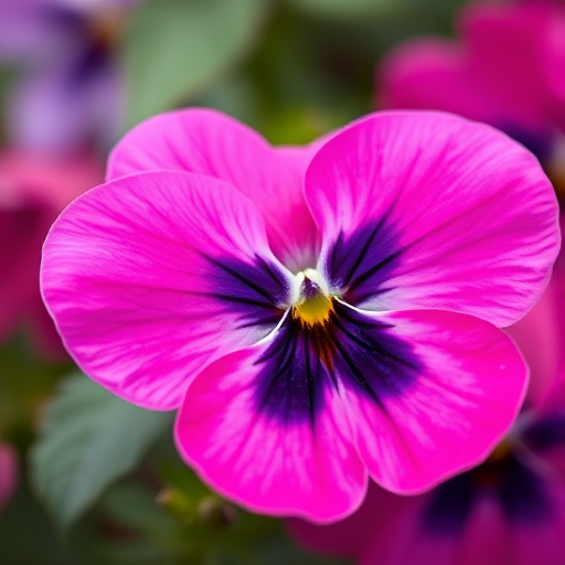 Generate an image of a vibrant pink pansy with a deep purple center, using a macro lens at f/2.8 aperture, 1/200 sec shutter speed, ISO 100, shot in natural light with a blurred background for depth, emphasizing the delicate textures of the petals.