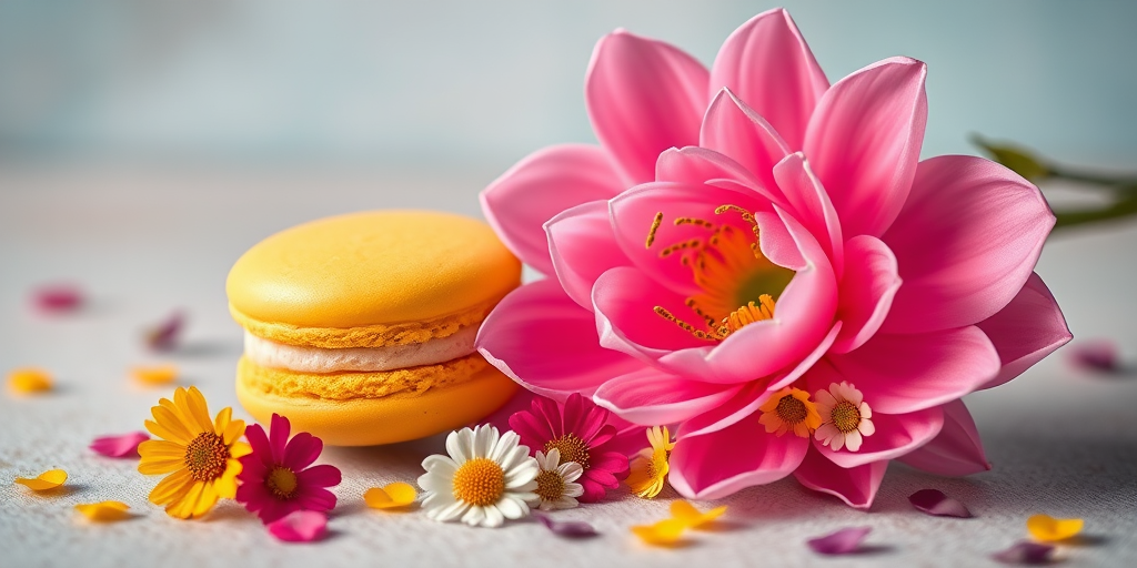 Create a vibrant still life composition featuring a yellow macaron beside a large pink flower, with colorful mini flowers scattered around, shot with a Canon EOS R5, 50mm lens, f/2.8 aperture, 1/125 shutter speed, and a soft-focus background for enhanced depth and clarity.