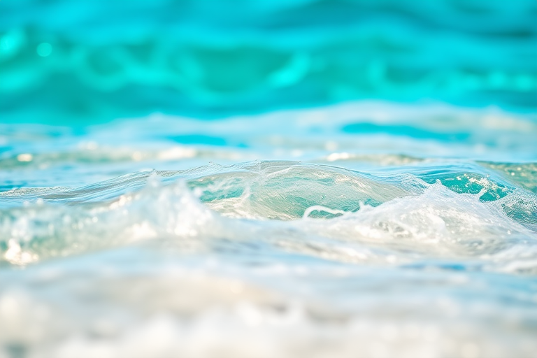 Regenerate an image of vibrant blue and turquoise waves with a soft focus background, using a macro lens, aperture at f/2.8, shutter speed at 1/200s, ISO 100, with a tilt-shift perspective for enhanced depth and detail.