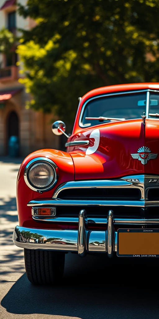 vintage car in front view, sunny day, vibrant colors, 50mm lens, f/2.8 aperture, ISO 100, shallow depth of field, Canon DSLR, high resolution, professional lighting