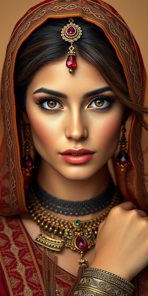 Create a portrait of a beautiful woman with striking hazel eyes and a gentle expression. She is adorned in traditional attire with intricate patterns, including a richly embroidered headscarf and matching garments. Her jewelry includes a delicate headpiece, dangling earrings, and ornate bracelets, all featuring vibrant gemstones and detailed metalwork. The background is soft and warm, enhancing the rich colors of her outfit and jewelry.