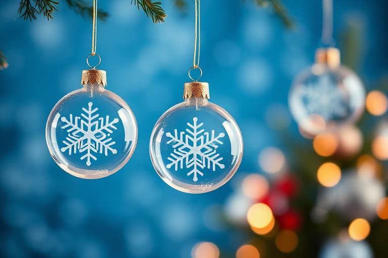 Create a festive Christmas scene featuring hanging transparent ornaments with snowflake designs on a blurred blue background with soft snowflakes, using a DSLR camera with a 50mm lens, f/1.8 aperture, ISO 200, and a shallow depth of field for a dreamy effect.
