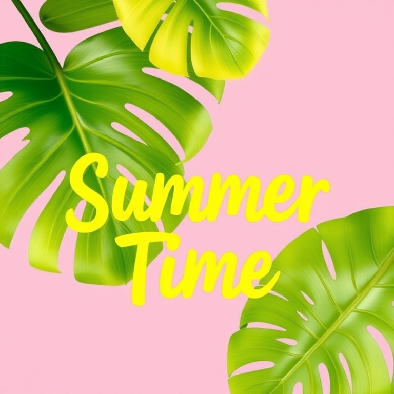 Create a vibrant digital illustration of tropical leaves in shades of green and yellow against a soft pink background, featuring the text "Summer Time" in a playful font, using a Canon EOS R5 with a 50mm lens at f/2.8, 1/100 sec shutter speed, and vibrant color settings for enhanced image quality.