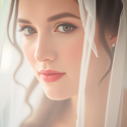 portrait of a bride with soft natural lighting, focus on her face wearing a delicate veil adorned with beads, shallow depth of field, camera settings: f/1.8, ISO 100, shutter speed 1/200s, 85mm lens, taken with a DSLR camera, using a soft focus style for a dreamy effect