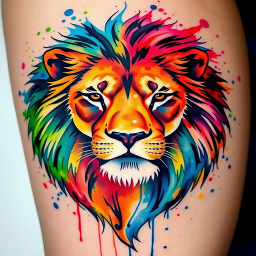Watercolor splash tattoo creating an abstract representation of a majestic lion, vibrant primary colors bleeding into each other, energetic brushstrokes and ink splatters, fluid and dynamic