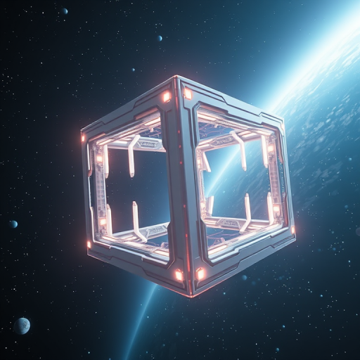 Create a hyper-detailed 3D render of a futuristic, illuminated cube structure in deep space, camera settings: f/8, ISO 100, shutter speed 1/200s, camera view: wide-angle perspective, camera style: high dynamic range imaging, camera type: digital DSLR.
