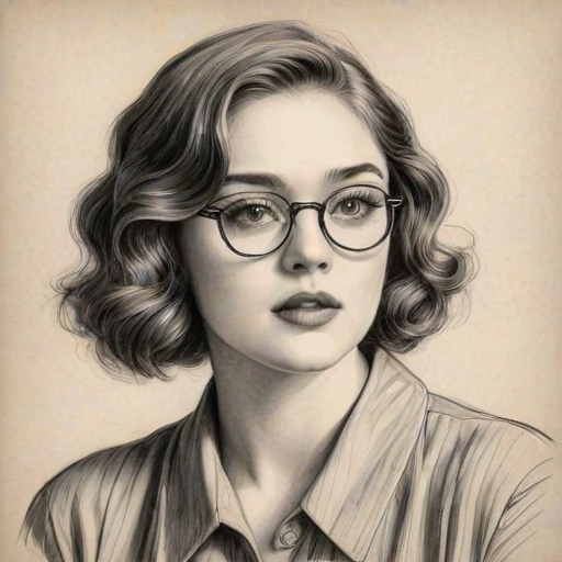 Lovely Danielle Rose Russell, pencil sketch, portrait of Appealing woman 1929s in glasses, hair style beatnik, outline, clear lines, fine lines, 8k