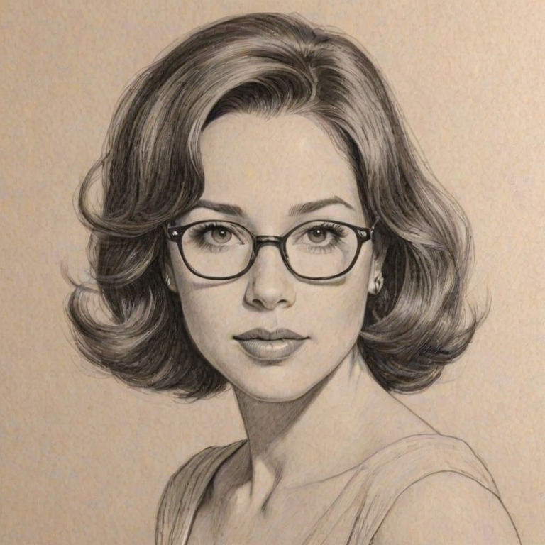 Alluring Marla Sokoloff, pencil sketch, portrait of Graceful woman 1959s in glasses, hair style beatnik, outline, clear lines, fine lines, 8k