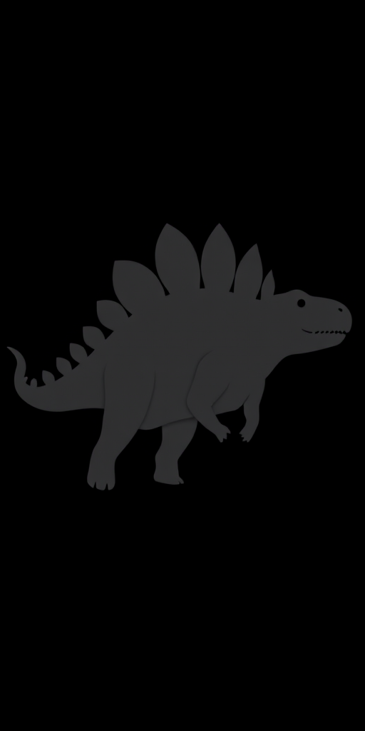 Create a high-resolution image of a stylized gray stegosaurus silhouette on a solid black background, using a 50mm lens with an aperture of f/2.8, shot from a low angle, with a soft focus effect to enhance the details and depth of field.