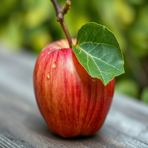 Create a high-resolution image of a fresh red apple with a green leaf, shot with a Canon EOS R5 at f/2.8, ISO 100, 50mm lens, in natural lighting and a shallow depth of field.