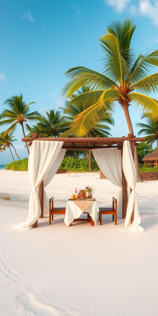 Create a picturesque tropical beach scene featuring a serene, white sandy shore. In the foreground, there's a rustic wooden canopy with white drapes gently flowing in the breeze. Underneath the canopy, a table is set with tropical decor, evoking a sense of relaxation and leisure. The beach extends into a calm, shallow water area with reflections of the sky and surroundings. Palm trees and lush greenery line the edge of the beach, providing a natural, tropical backdrop. The sky is clear with a few scattered clouds, and the overall atmosphere is tranquil and inviting, perfect for a peaceful retreat.