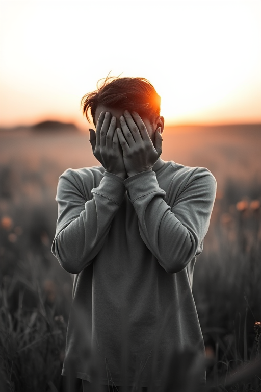 regenerate the image of a person covering their face with hands in a grassy field at sunset, use a Canon EOS R5 with a 50mm lens, aperture f/1.8, shutter speed 1/200 sec, ISO 100, in monochrome, with a shallow depth of field to enhance the background blur