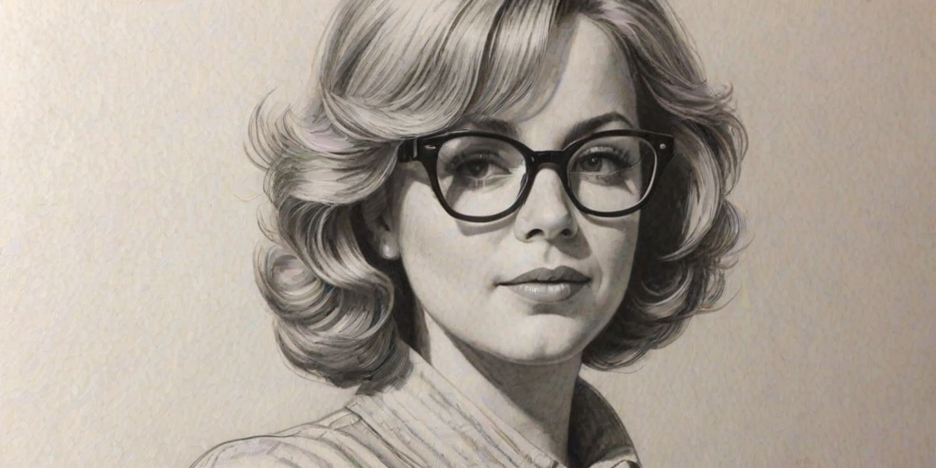 Splendid Catherine Hicks, pencil sketch, portrait of Comely woman 1965s in glasses, hair style beatnik, outline, clear lines, fine lines, 8k