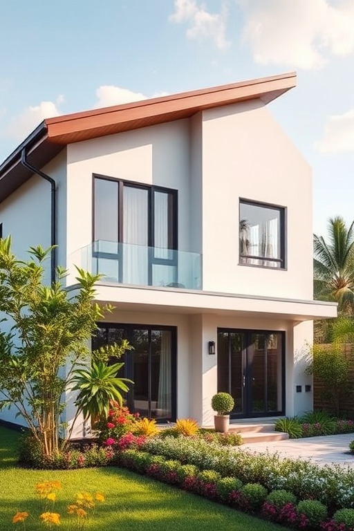 Create a modern house exterior design with a sloped roof, large windows, and a vibrant garden, captured with a DSLR camera, 35mm lens, f/8 aperture, 1/200 sec shutter speed, and natural lighting to enhance image quality.