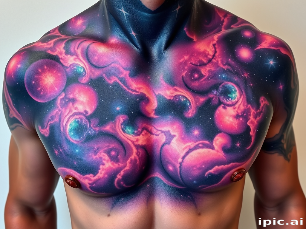 Cosmic nebula tattoo spanning across the chest and shoulders with swirling galaxies and vibrant star clusters in rich purples blues and pinks creating an otherworldly atmosphere