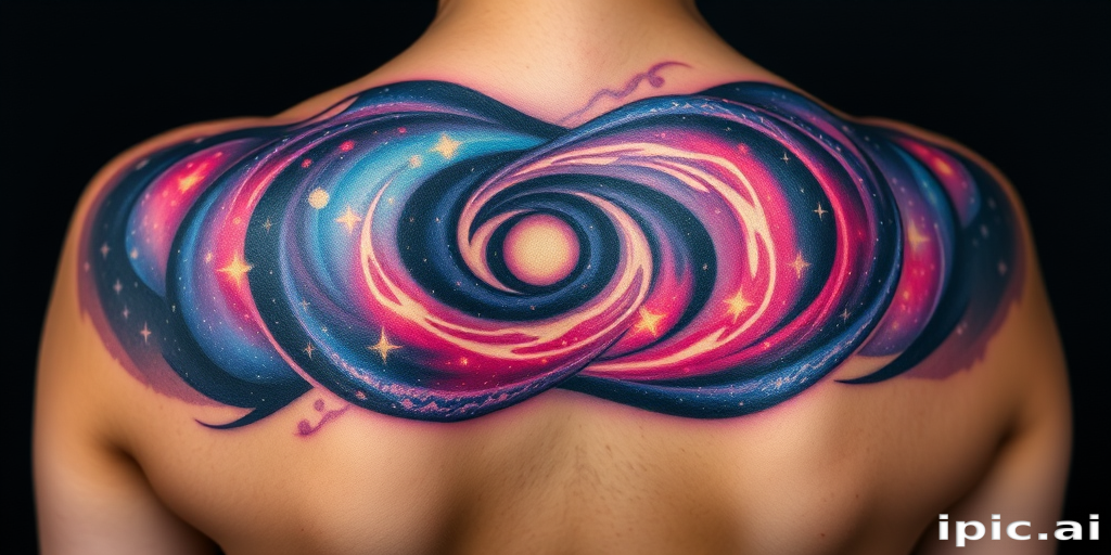 Ethereal body tattoo showcasing a cosmic galaxy swirling across the shoulder blades, rendered in vivid nebula-inspired hues with sparkling white ink stars