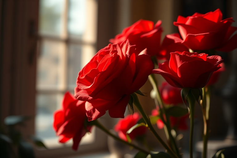 captured with a Canon EOS R5, 50mm f/1.2 lens, ISO 100, aperture f/2.8, shot from a shallow angle with natural light coming through a window, soft focus background for a dreamy aesthetic, vibrant red roses in the foreground, warm tones and moody ambiance.