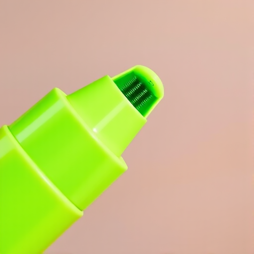Create an image of a green highlighter pen with a smooth glossy finish, captured in macro view using a DSLR camera with a 50mm lens, aperture set to f/2.8, ISO 200, and 1/125s shutter speed, emphasizing vivid colors and fine details against a softly blurred background.