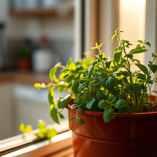 Warmly lit close-up of a pot of herbs growing on a windowsill, soft sunlight filtering through the leaves, with the faint outline of a cozy kitchen in the background and a sense of quiet calm.
