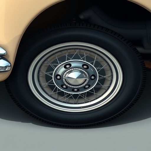 Create a high-resolution digital illustration of a classic car tire with detailed spokes and a shiny central hubcap, shot from a top-down angle, using a DSLR camera with an aperture of f/2.8, ISO 100, and a focal length of 50mm to enhance depth of field and sharpness.