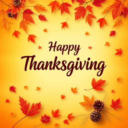 Create a warm and festive autumn-themed image with a gradient background of orange and yellow hues. Include a variety of falling leaves in shades of red, orange, and brown. In the center, display the text "Happy Thanksgiving" in a stylish and inviting font, using a dark brown color for contrast. Add subtle decorative elements like pine cones and additional leaves for a cozy, seasonal feel.