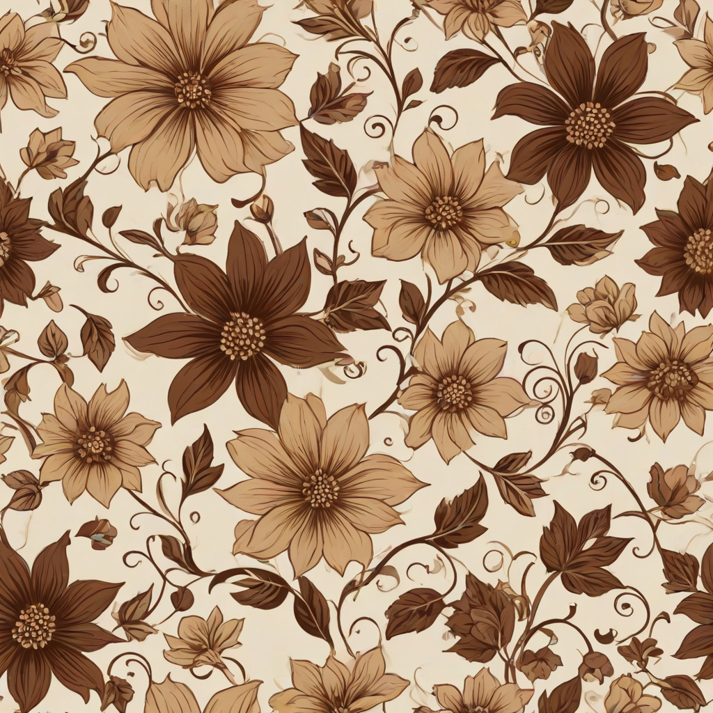 Create a seamless floral pattern featuring large brown and beige flowers with intricate designs, accompanied by smaller flowers and gentle vines on a light beige background.