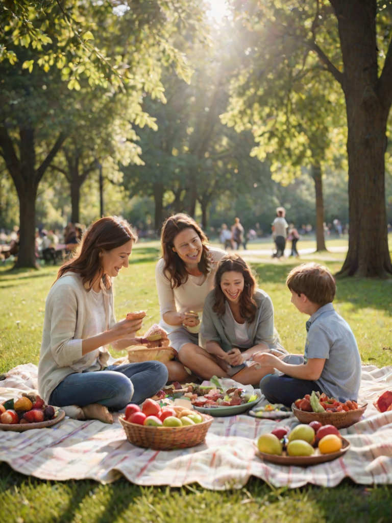 Blurry, candid shot of a family picnicking in a park, soft sunlight filtering through the trees, laughter and conversation frozen in the moment, picnic blanket spread on the grass, the smell of fresh fruit and sandwiches lingering in the air.
