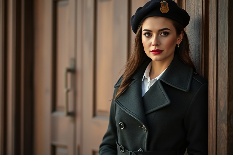 portrait of a woman in a military coat and beret standing at a wooden door, natural lighting, shallow depth of field, ISO 200, f/2.8, 85mm lens, taken with a DSLR camera