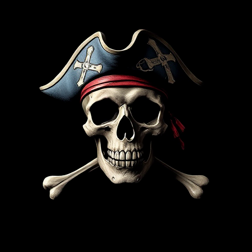 Create a high-resolution illustration of a classic pirate skull and crossbones symbol, captured with a Canon EOS R5 at f/2.8, ISO 100, with a 50mm lens, using soft side lighting against a deep black background for enhanced contrast and detail.