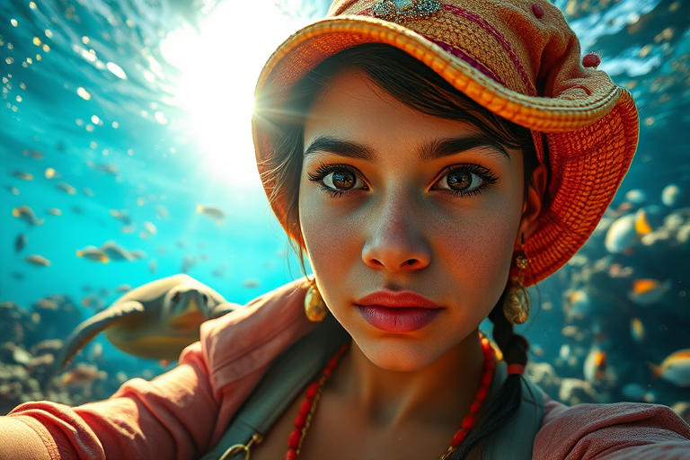 Realistic selfie image of a Guarani, wearing a vintage outfit, detailed dreamy eyes, droopy hooded eyes, staring at the camera, taken underwater at coral reef with a sunbeam filtering through the water, vibrant, summer vacation, natural lighting, turtle and school of tropical fish with vibrant colors, rendered in the style of CryEngine, Pegi Nicol MacLeod, with realistic genre scenes, hauntingly beautiful narratives, ultra-realism, and Thomas Saliot's close-up technique, 8K resolution, crystal clear and sparkling water.