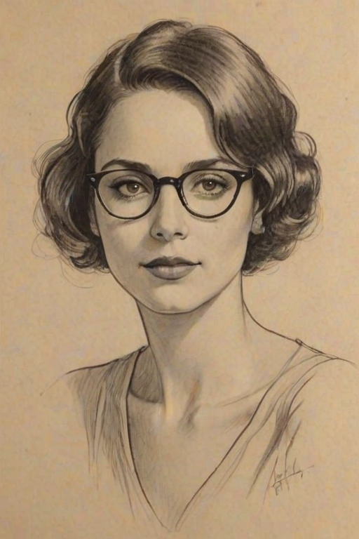 Fascinating Brittany Bell, pencil sketch, portrait of Bewitching woman 1926s in glasses, hair style beatnik, outline, clear lines, fine lines, 8k