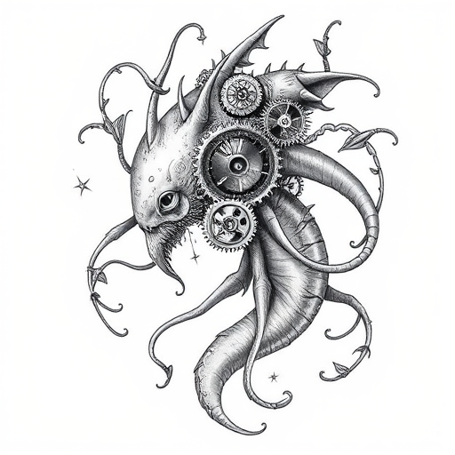 Surrealist bio-organic tattoo depicting a hybrid creature with mechanical gears and flowing tendrils, incorporating elements of steampunk and art nouveau styles in a monochromatic grayscale palette