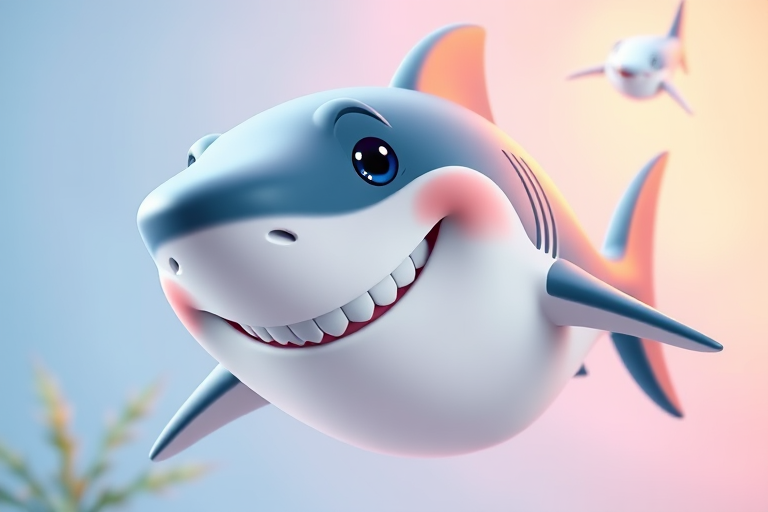 Create a vibrant, high-resolution 3D animation of a friendly cartoon shark with a big smile, using a DSLR camera setup with a 50mm lens at f/2.8, ISO 100, and a shallow depth of field, front view, soft lighting to enhance colors and details.