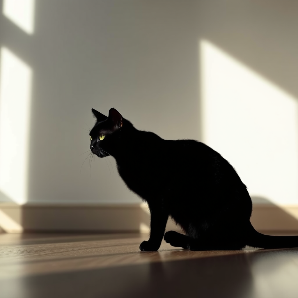 Create a high-resolution image of a sleek black silhouette of a cat in a minimalist style, captured with a Canon EOS R5, 50mm lens, aperture f/1.8, ISO 200, shooting from a low angle view, using natural light for enhanced contrast and detail.
