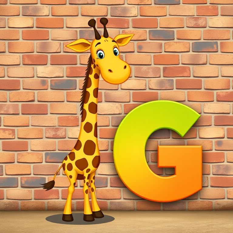 create a vibrant cartoon illustration of a yellow giraffe with brown spots standing next to a large, colorful letter G on a textured brick wall background, shot with a Canon EOS 5D Mark IV, 50mm lens, f/2.8 aperture, ISO 100, natural light for enhanced clarity and detail