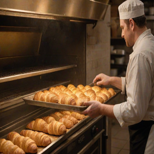 Warm, softly lit image of a baker pulling a tray of freshly baked croissants from the oven, soft steam rising from the golden pastries, with a small chalkboard menu visible in the background.