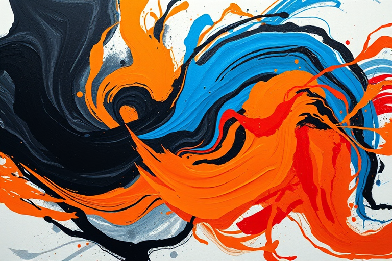 Create an abstract painting with swirling colors of black, orange, blue, and red, emphasizing dynamic movement and bold brush strokes, captured using a DSLR camera with a 50mm lens, f/1.8 aperture, ISO 100, in natural light, with a slight vignette effect to enhance depth.