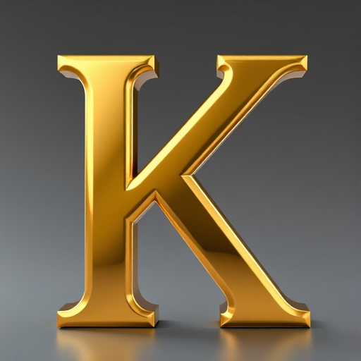 Generate a high-resolution image of a large, shiny, three-dimensional gold letter K with a smooth gradient and reflections, using a Canon EOS 5D Mark IV at f/2.8, ISO 100, 50mm lens, positioned at eye level with soft lighting for a polished finish.