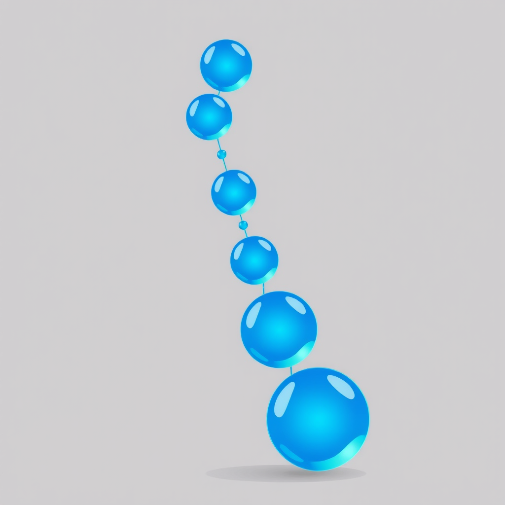 Create a vector graphic of a stylized spine with eight blue spheres gradually increasing in size from the bottom to the top, connected by a flowing line, using a high-resolution digital illustration style, viewed from a slightly angled perspective, with a soft gradient background to enhance depth and clarity.