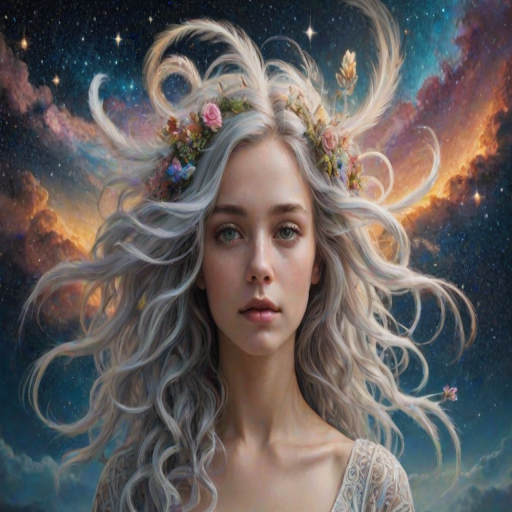 Create a series of imaginative portraits where each subject is infused with elements of fantasy and nature. The hair of the individuals should flow like clouds, varying from soft, fluffy cumulus to wispy cirrus strands, with hints of color reflecting a sunset or a clear blue sky. The eyes should be windows to entire galaxies, with stars, nebulae, and distant planets visible within them. Clothing should be adorned with nature motifs, such as floral patterns that bloom and change, vines that seem to grow and wrap around, or feathers that shimmer with iridescence. Each portrait should capture a unique personality, blending human features with the ethereal beauty of the natural and cosmic world. The backgrounds can vary, from starry night skies to enchanted forests, adding depth and context to the magical realism of the portraits