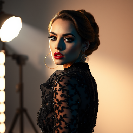 Studio portrait, female model, elegant couture dress, bold makeup, dramatic lighting, Utilize a 50mm portrait lens for crisp details and a soft background blur, 8k